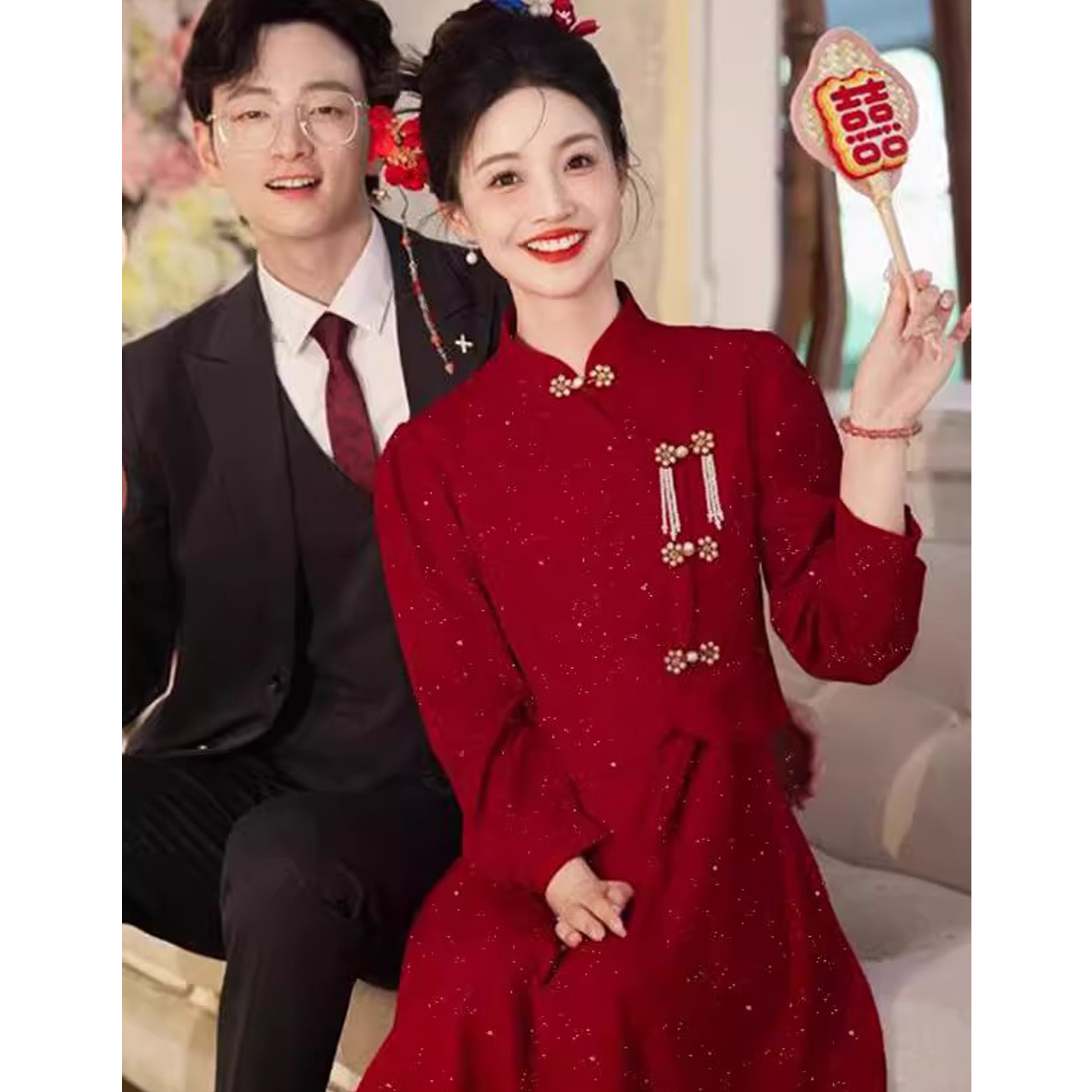 大码敬酒服新娘结婚订婚高级感礼服女胖mm遮肚显瘦回门便装连衣裙