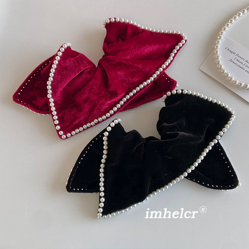 法式高档轻奢黑丝绒珍珠边方巾大肠发圈精致复古典雅扎马尾发绳女