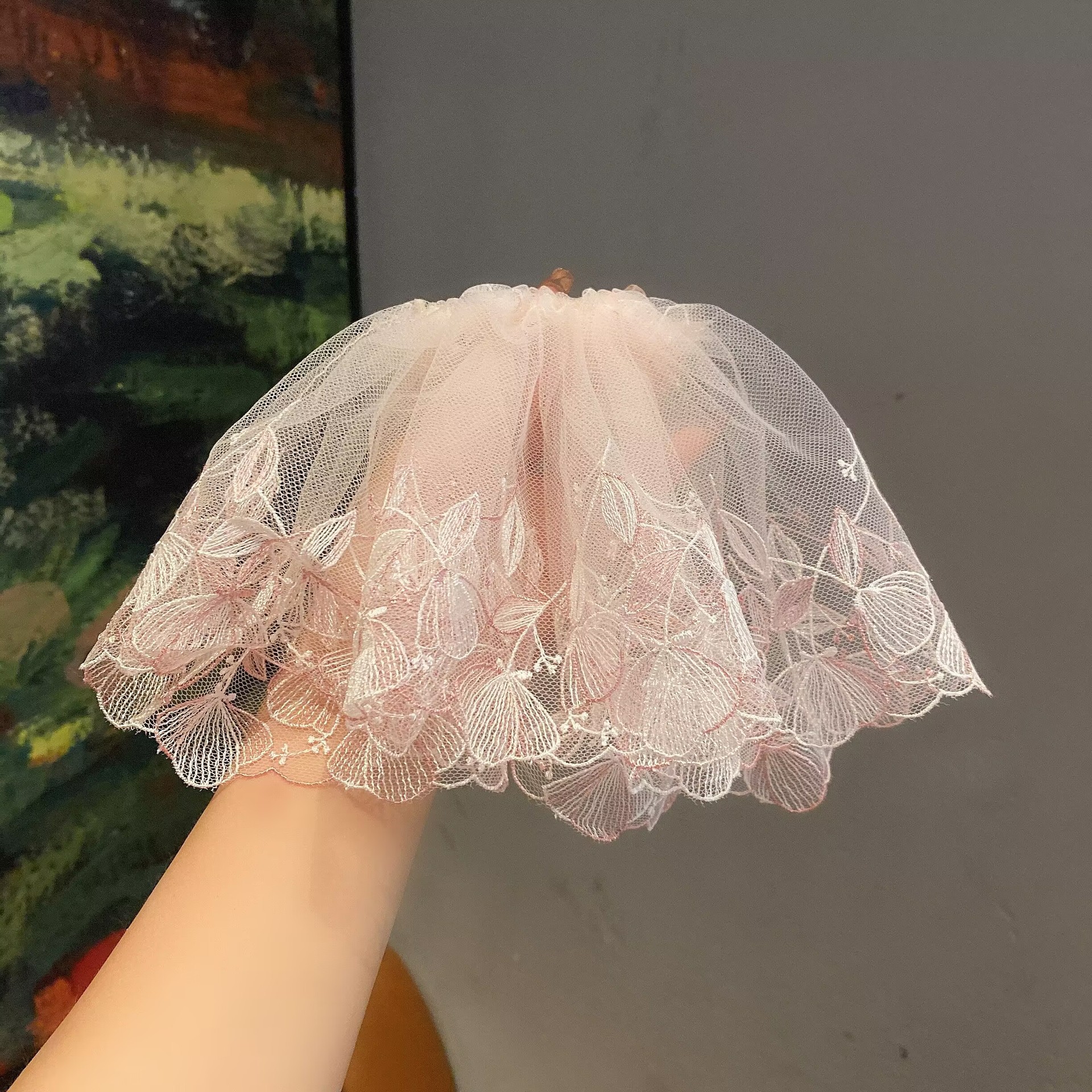 新中式复古温柔刺绣粉色碎花网纱超大裙摆发绳气质公主头发圈新款