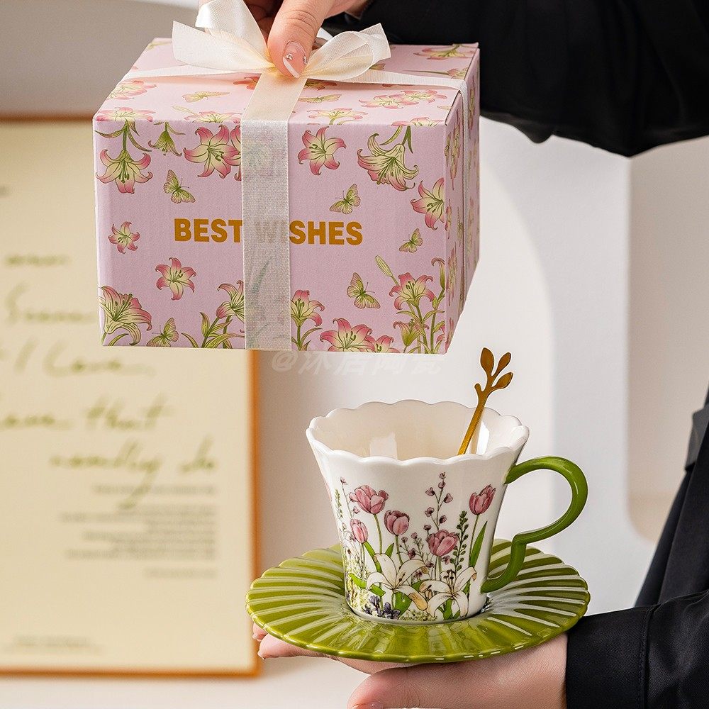 复古精致油画风粉色绿色陶瓷咖啡杯碟套装礼盒装高颜值高端伴手礼,餐饮具,咖啡杯,淘宝优惠券,粉丝福利购,淘宝优惠卷