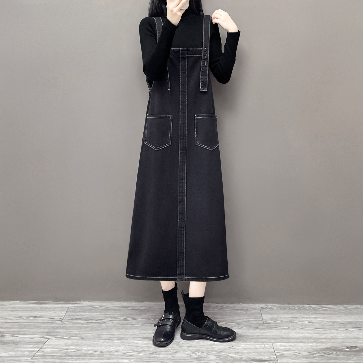 加大码春季百搭宽松洋气牛仔背带长裙中长款吊带a字连衣裙胖MM潮