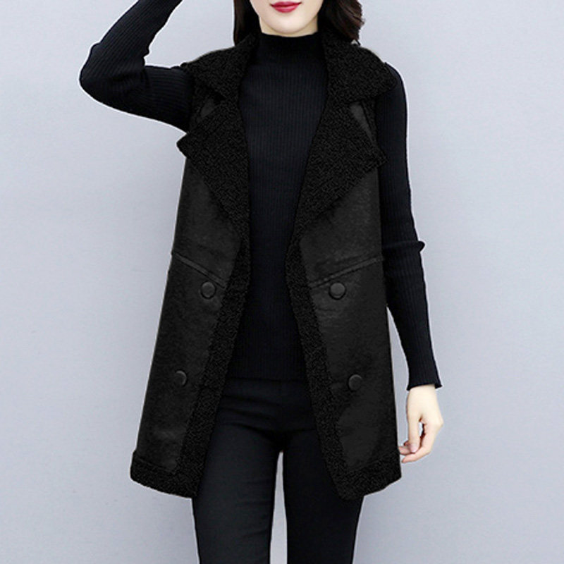 冬季羊羔绒马甲女大码宽松西装领无袖百搭加绒加厚中长款坎肩外套