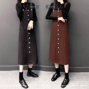 胖mm减龄牛仔吊带连衣裙2026新款 宽松百搭排扣背带长裙潮裙 加大码