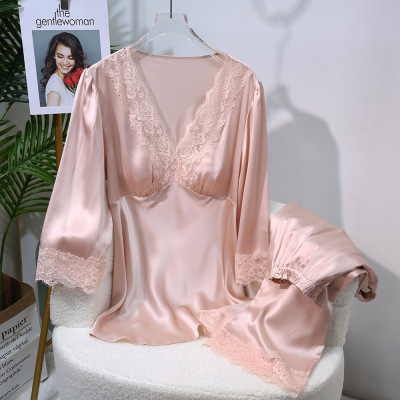 重磅19姆米真丝睡衣带胸垫女高级感蕾丝边深V领桑蚕丝家居服新款