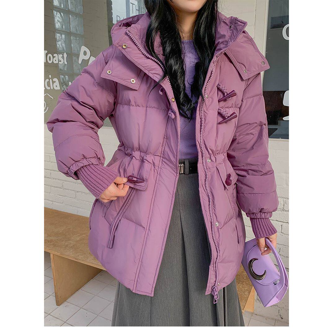 2025冬季新款羽绒服韩版牛角扣女士中长款抽绳收腰瘦气质连帽外套