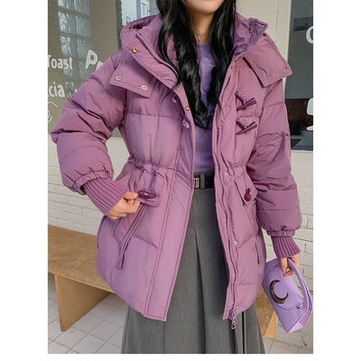 2025冬季新款羽绒服韩版牛角扣女士中长款抽绳收腰瘦气质连帽外套