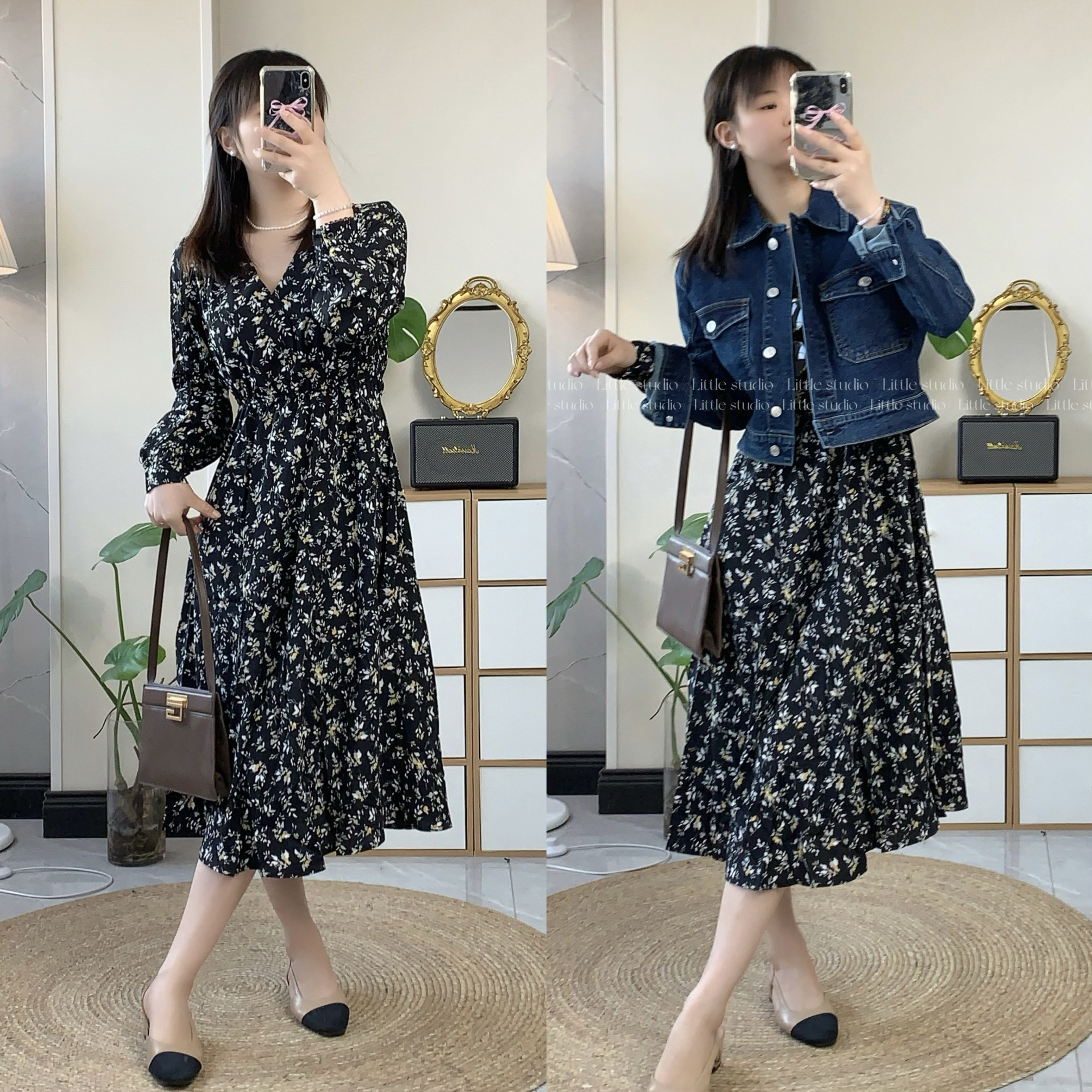 栗子小姐 小个子法式复古碎花连衣裙女春季新款收腰显瘦气质长裙