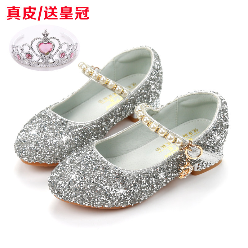 女童皮鞋高跟鞋真皮儿童水晶单鞋模特走秀钢琴表演出礼服鞋白银色