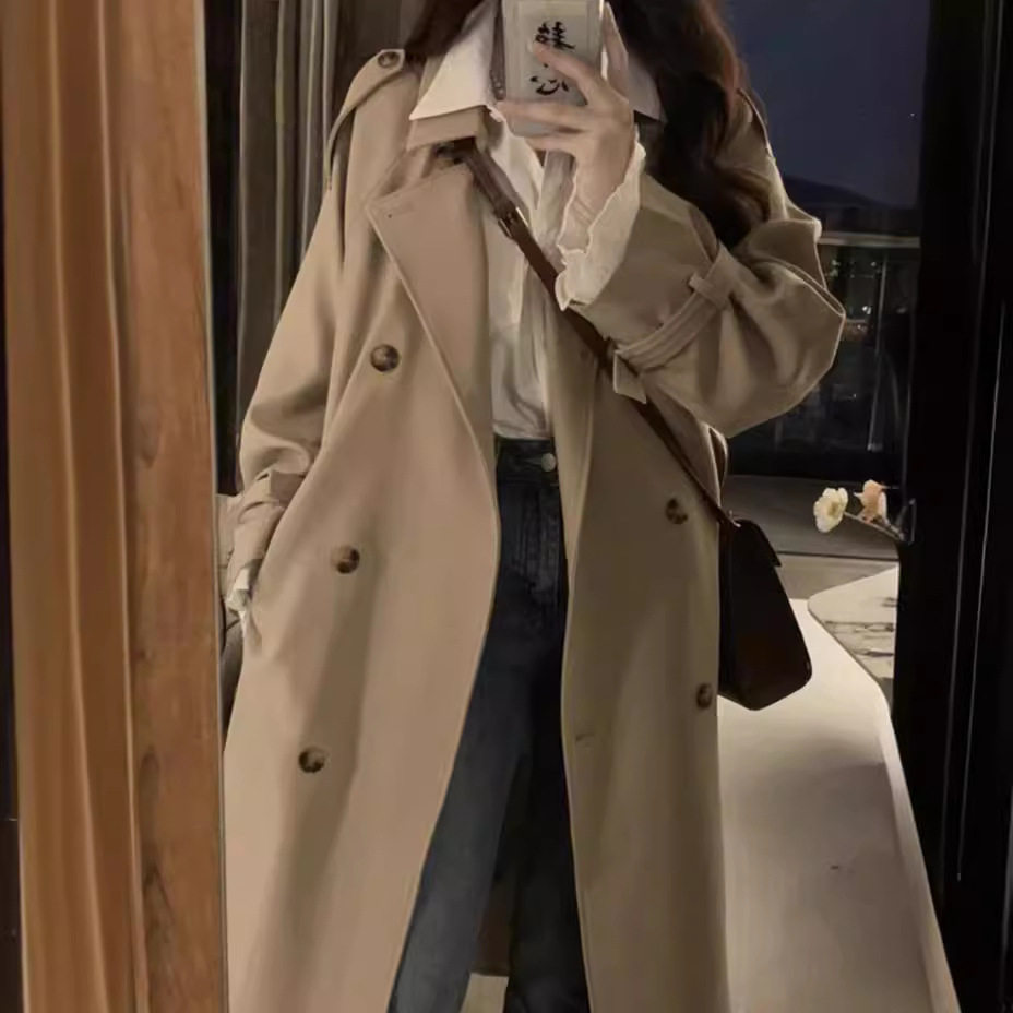 卡其色小个子风衣女2025春秋中长款过膝韩版双排扣英伦百搭外套女