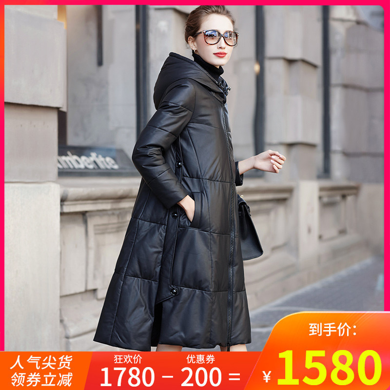 2026冬新款女海宁绵羊皮真皮羽绒服中长款连帽宽松A字型皮衣外套