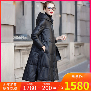 2026冬新款女海宁绵羊皮真皮羽绒服中长款连帽宽松A字型皮衣外套