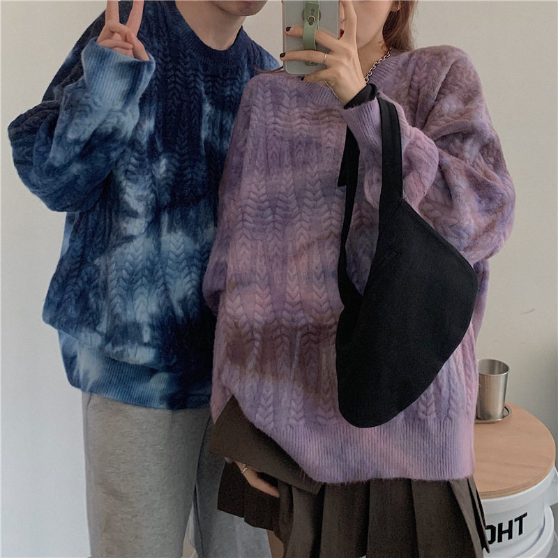 2025女宽松外穿秋冬加厚针织外套秋季闺蜜情侣装复古港风扎染上衣