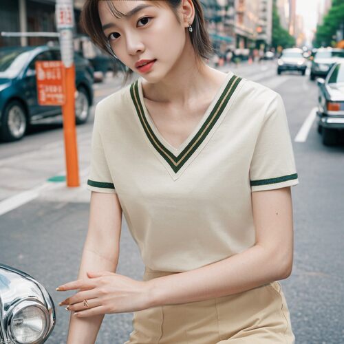 CANVAUS夏季新款纯棉V领织带宽松欧美气质短袖T恤女上衣K1069A