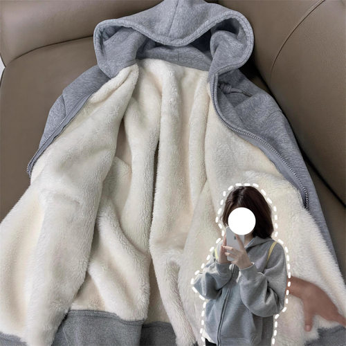 加绒加厚保暖上衣女秋冬季韩系巨好看宽松慵懒风开衫连帽卫衣外套