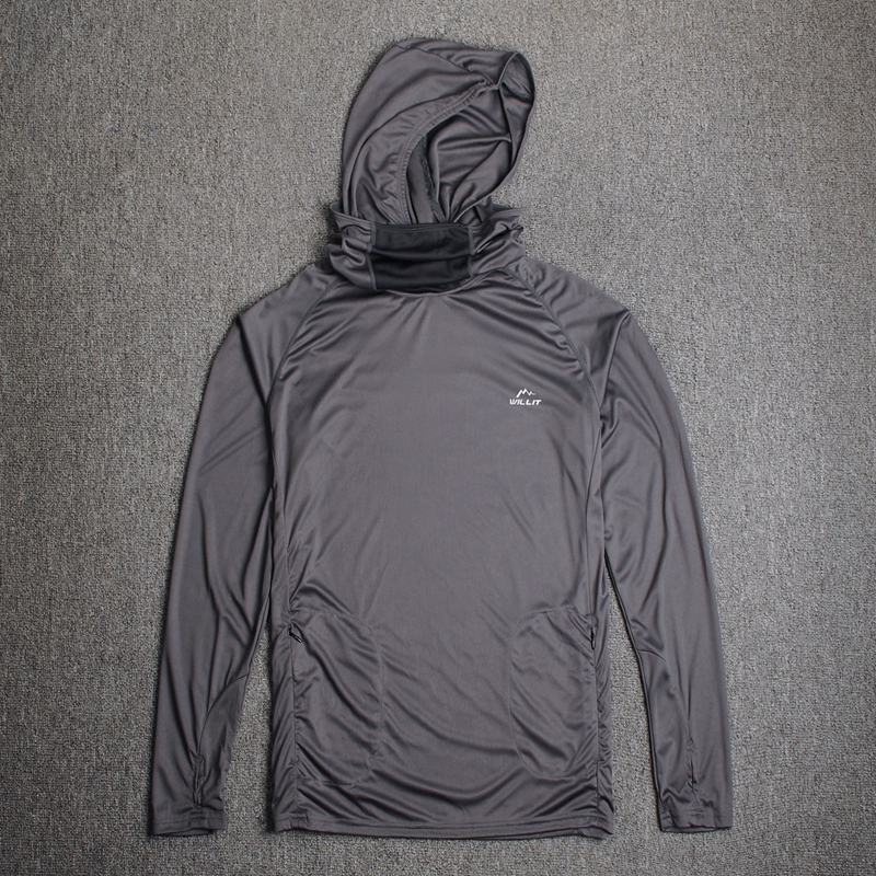 速干防晒衣50+春秋男士薄跑步钓鱼运动服连帽长袖T恤套头帽衫面罩