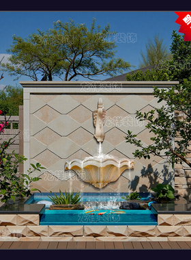 砂岩直射喷泉喷口浮雕别墅庭院装饰雕塑摆件金鱼喷水接水盆背景墙