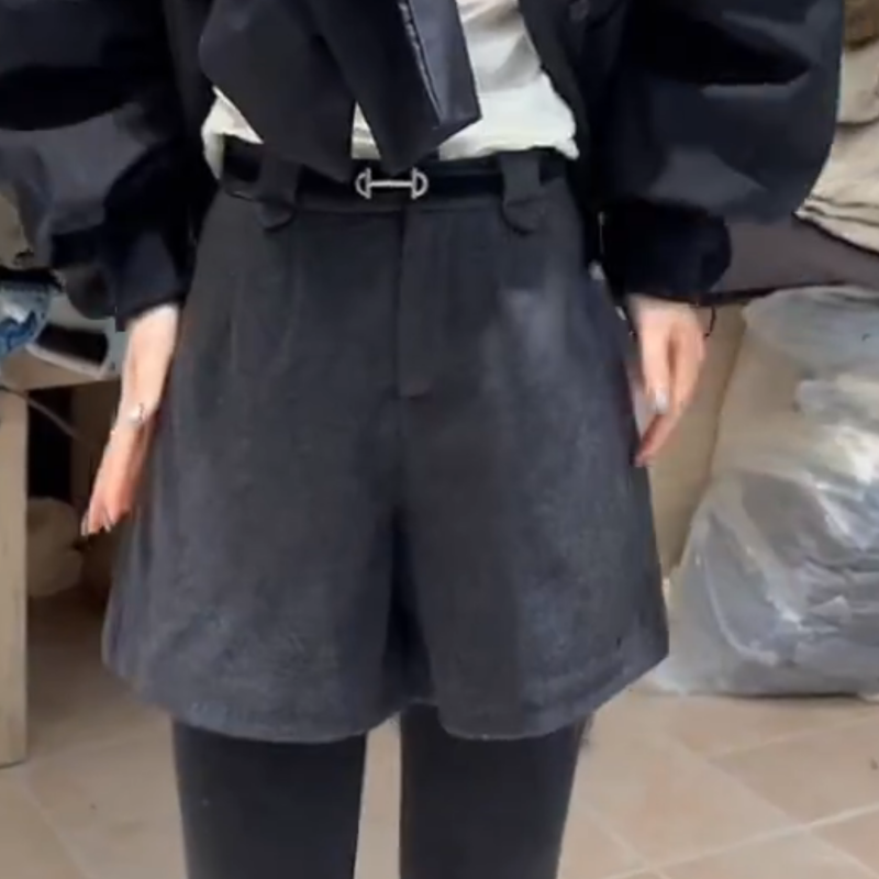 冬季高腰韩系设计感时尚百搭气质休闲短裤女纯色阔腿裤子