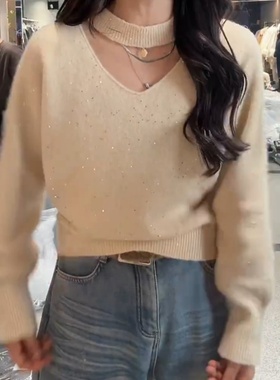 大码法式细闪挂脖v领高级灰毛衣针织衫女冬季微胖mm内搭外穿上衣