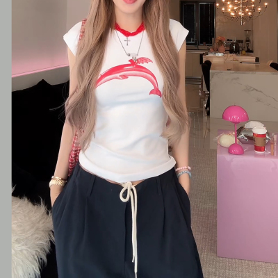 圆领印花修身辣妹短袖T恤女