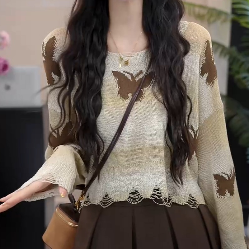 【斩月惊风】法式时尚小众蝴蝶针织衫女秋季新款长袖毛衣镂空上衣