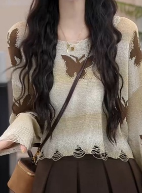 【斩月惊风】法式时尚小众蝴蝶针织衫女秋季新款长袖毛衣镂空上衣