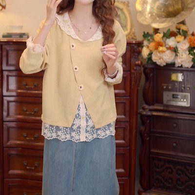 【星垂平野】拼蕾丝假两件黄色长袖T恤女早秋独特套头上衣卫衣