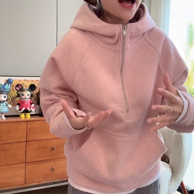 2025新款韩版半拉链连帽宽松卫衣女时尚纯色百搭长袖短款上衣潮