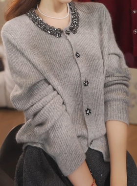 重工镶钻法式设计感针织开衫2025年早春新款独特超好看内搭上衣女