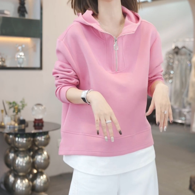 粉色半拉链连帽长袖卫衣女2025年秋季新款设计感减龄宽松百搭上衣