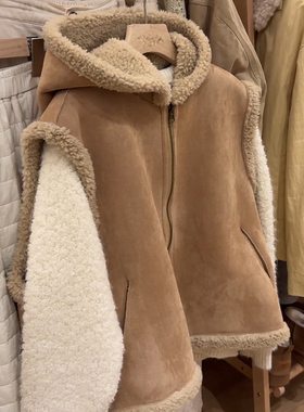 正品现货~两面穿连帽皮毛一体马夹韩国冬季叠穿百搭马甲短外套女