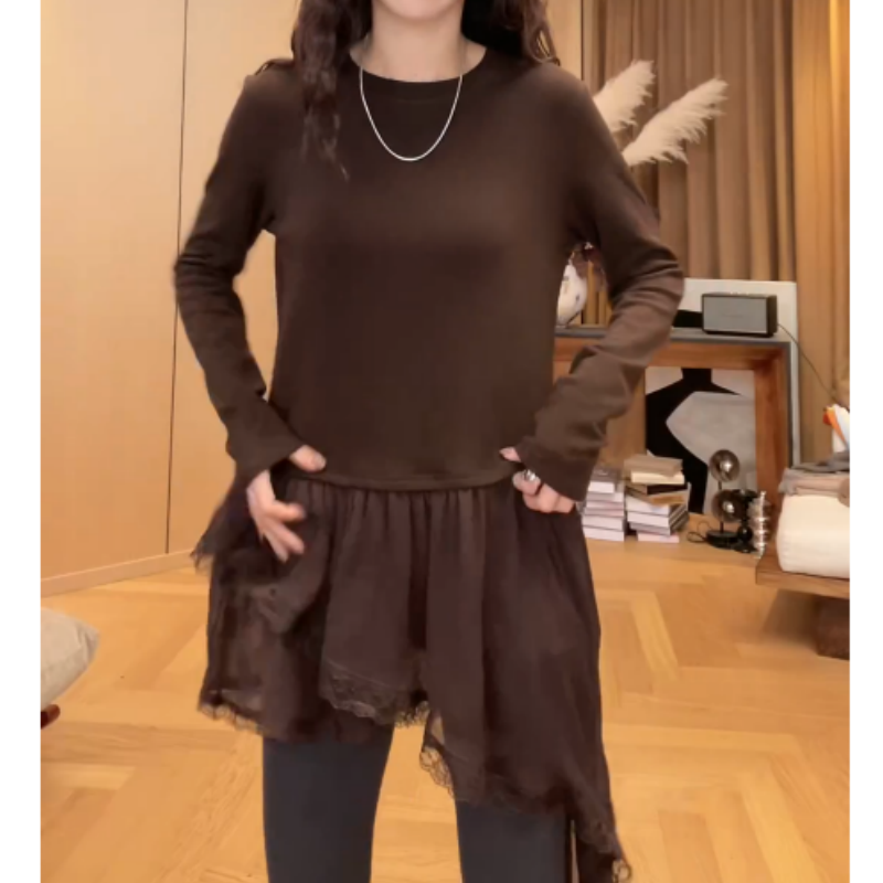 蕾丝拼接下摆圆领T恤女2026新款春秋叠穿内搭中长款小衫长袖上衣,女装/女士精品,T恤,淘宝优惠券,粉丝福利购,淘宝优惠卷