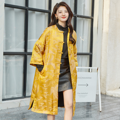 印花复古桑蚕丝黄色盘扣凤凰棉袄