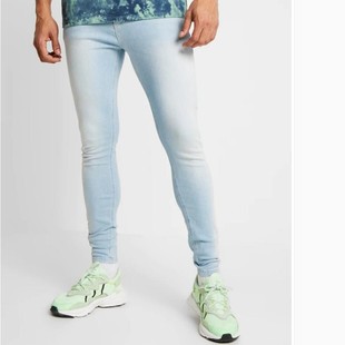 韩国磨白做旧浅蓝色紧身健身牛仔裤男潮个性修身怀旧修身牛仔潮裤