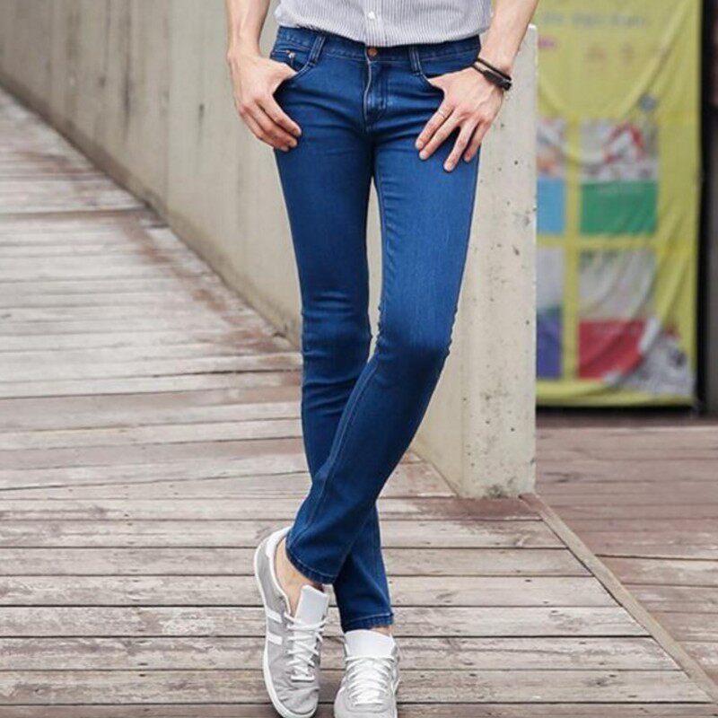 韩国修身春款九分牛仔裤男中腰蓝色小脚紧身弹力牛仔裤男紧身裤子