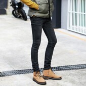 男明星同款 修身 冬季 韩国复古深灰紧身牛仔裤 黑灰牛仔小脚铅笔裤 男