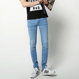 铅笔长裤 韩国怀旧浅蓝色紧身小脚牛仔裤 磨白弹力春款 个性 潮 男修身