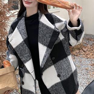 格子呢子大衣女秋冬季加厚高级感短款毛呢外套小个子2025英伦风