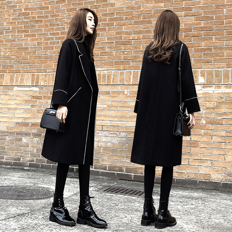 赫本风毛呢大衣2025秋冬新款黑色中长款西装领外套女大码呢子大衣