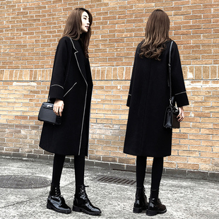 赫本风毛呢大衣2025秋冬新款黑色中长款西装领外套女大码呢子大衣