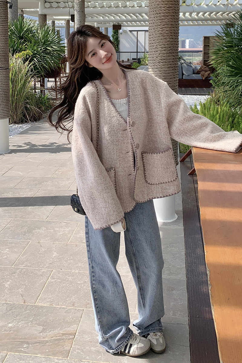 设计感包边小香风开衫外套女2025秋季V领洋气百搭韩系温柔风上衣,女装短外套,2C231