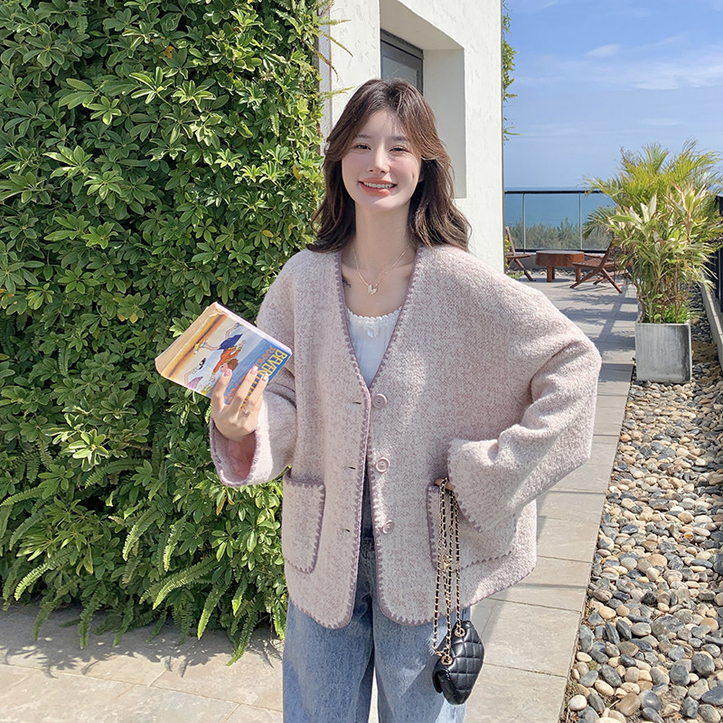 设计感包边小香风开衫外套女2025秋季V领洋气百搭韩系温柔风上衣,女装短外套,2C231