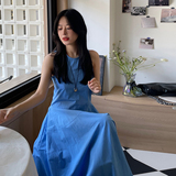 小个子学院风减龄长裙时尚穿搭蓝色宽松花苞裙无袖连衣裙夏季新款，女装连衣裙，2C231