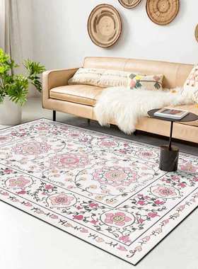 乡村美式清新花卉枝叶粉红绿紫色客厅卧室床边地毯地垫