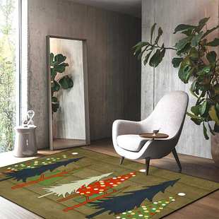 美式复古喜庆圣诞树木板红蓝绿色风客厅卧室床边地毯防滑地垫