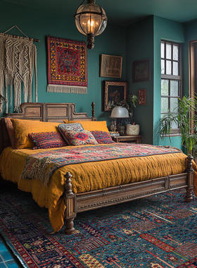 复古波斯民族风树木几何花卉祖母绿蓝色客厅卧室床边地毯地垫