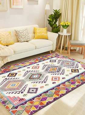 复古美式几何波斯民族风粉紫色黄蓝白色客厅卧室床边地毯地垫