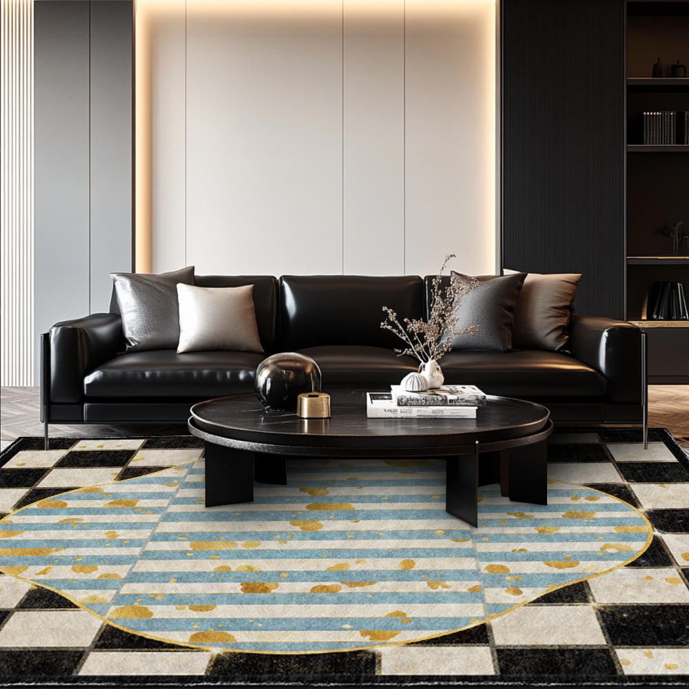 可机洗仿羊绒北欧几何轻奢蓝金黑色方块格子防滑客厅卧室地毯地垫