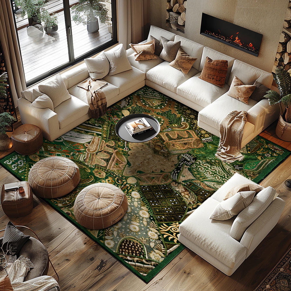 仿羊绒水洗底仿拼接刺绣印花民族风金棕绿色卧室床边地毯