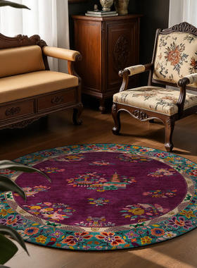 新中式中国风花卉红紫色绿色卧室客厅圆形防滑地毯地垫