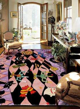 时尚潮流多巴胺万圣节南瓜灯蜘蛛格子粉色黑紫色卧室客厅地毯地垫